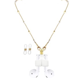 Magnetic Anti-Lost Strap Holder Compatible with Airpods Pro 3 2 1, Leash Gold White Pearl Chain Necklace Gifts for Women Lady Girl Length: 27.5”