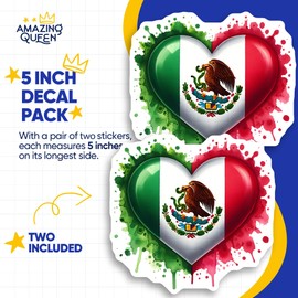 Mexican Flag Stickers - Mexico Heart - Watercolor Mexico - Patriotic Decals - 2 Pack - - 5" Wide Design - Adheres to Laptops, Tumblers, and More – Made in The USA - AQS2402