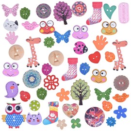Doryum Wooden Cartoon Buttons, 50 Pcs Assorted Design Craft Buttons Wooden Animal Buttons Novelty Cartoon Pattern Buttons with 2 Holes for Kids DIY Craft Handmade Project Sewing Knitting Scrapbooking Decoration