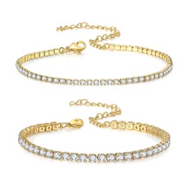 SSKHE 2 Pcs Tennis Bracelet, Zirconia Ankle Bracelets for Women, Adjustable Gold Anklet