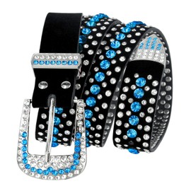 Cinturón unisex con diamantes de imitación de cristal occidental, diseño de tachuelas, cinturón de piel auténtica de 1-3/8 pulgadas o 1-1/2 pulgadas de ancho, opciones multiestilo, Cinturón de 1-3/8" de ancho - Azul claro, XXL - 40''