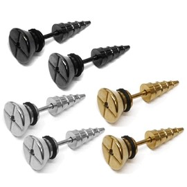 3 x Pairs Mens Surgical Steel Screw Earring Ear Stud Fake Ear Stretcher Stainless Black Gold Silver