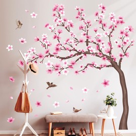 DECOWALL SG4-2431 Cherry Blossom Tree Wall Stickers Decals Kids Room Bedroom Living Flower Branch Décor Pink tv Birds Art Background Peel and Stick
