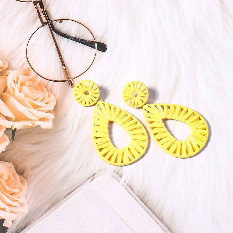 Boho Raffia Earrings Statement Teardrop Earrings Drop Dangle Bohemian Earrings