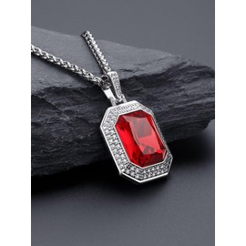 Bandmax Mens Hip Hop Necklace Big Red Stone Pendant with Shining Cubic Zirconia Sparkling Ruby Red Crystal Necklace Chain for Men Biker