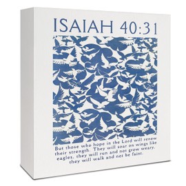 Christian Desk Decor, Blue Christian Pigeon Eagle Wooden Box Sign, Christian Home Decor, Isaiah 40:31 Bible Verses Wood Signs for Home Office Desk Shelf Table Decor, 5x5 Inch