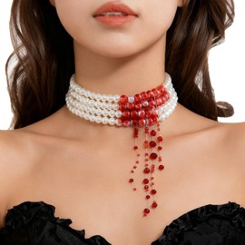 Halloween Blood Drip Necklace for Women Gothic Vampire Choker with Rose & Imitation Blood Red Pearls Bloody Party Costume Jewelry Accessories (White 01)