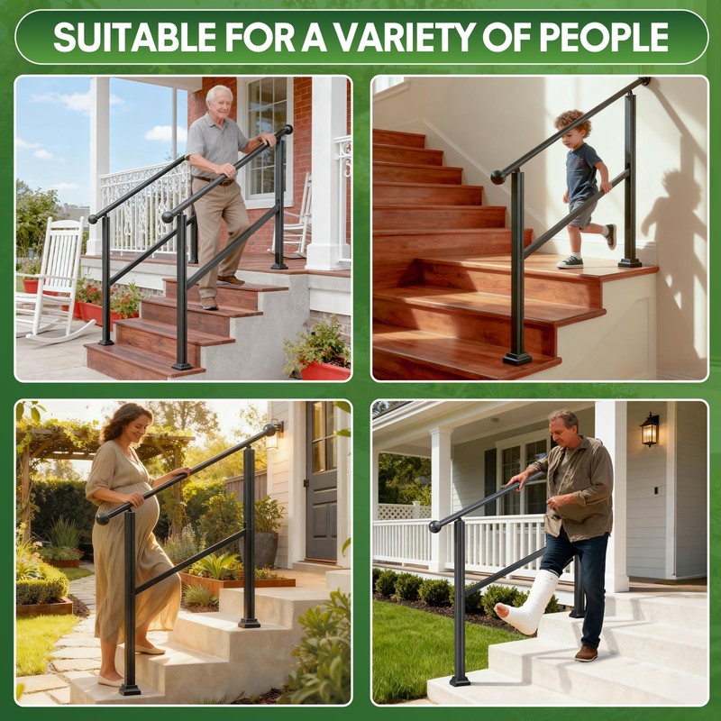 ORWOD 3-Step Outdoor Stair Railing, Adjustable Handrails for Outdoor Steps