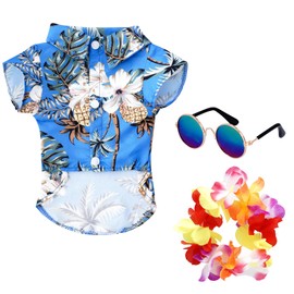 Haakong 3 Pieces Pet Dog Hawaiian Costume Summer Shirts for Cats Dogs Sunglasses and a Colorful Wreath for Small to Medium Dog Party Costume