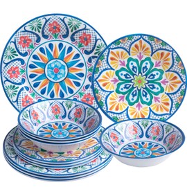 ZAROCRUS Melamine Dinnerware Sets, 12-Piece Dinner Dishes Set for 4, Durable & Non Breakable Plates Bowls Set, Shatterproof BPA-Free Dishware for Outdoor Dining,Picnic,Camping,RV–Paisley Design