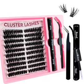 Fluffy Lash Clusters Kit 200pcs DIY Lash Extension Kit, Wispy Lash Clusters Kit Natural 8-16mm Thick Volume Eyelashes Extension Kit with Lash Bond and Seal and Lash Tweezers.(200P-6K-Kit)