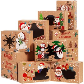 JOYIN 12 Pcs Christmas Cookie Boxes, Kraft Cookie Boxes with Window 8.5" x 5.75" x 2.75", 6 Designs Bulk Holiday Cookie Boxes for Christmas Holiday Pastries, Cupcakes, Brownies, Xmas Gift Giving