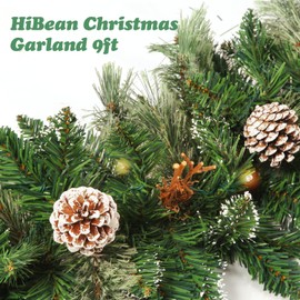 HiBean 9 FT Prelit Christmas Garland with Pine Cones, Artificial Snowy Pine Garland for Christmas 50 Battery Operated Warm Lights and Timer Xmas Garlands Decor Indoor Outdoor
