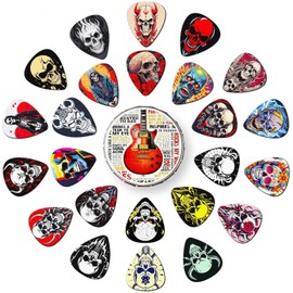 Juego de 24 púas de guitarra de 0,46 0,71 0,96 1,20 mm delgadas, medianas, pesadas con caja de estaño, paquete variado de púas de bajo, púa de guitarra para guitarra acústica, guitarra eléctrica, bajo