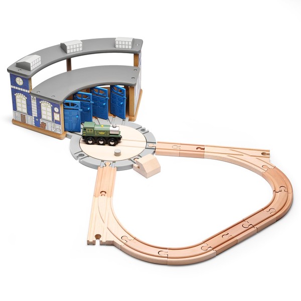 SainSmart Jr. Wooden Train Track with Roundhouse - Railway Toy for Toddlers, Double-Side Tracks Compatible with with All Major Brands - Wood Toy Train for Aged 3+