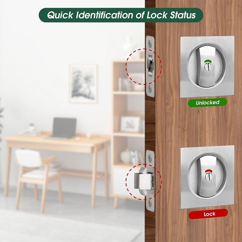 Qezodsx Sliding Door Lock with Indicator Light, Square Silver Privacy