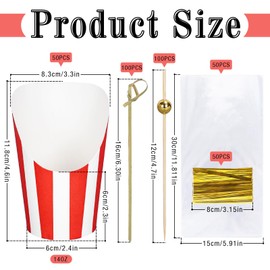 FYSUIMU 50 Set 14Oz Carnival Party French Fry Holder Halloween Red White Striped Charcuterie Cups with Sticks and Bags Disposable Slanted Dessert Tasting Cups for Movie Night Decor