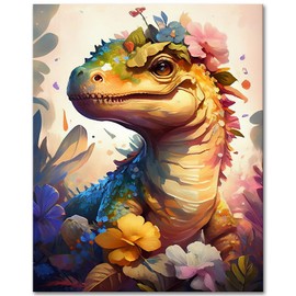 Rebotipy Paint by Numbers Kits for Adults Kids Cute Dinosaurs with Florals Oil Painting Animals Oil Painting DIY Paint by Number for Children's Room Wall Decor 16 x20 in