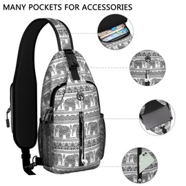 lotus ethnic elephant Crossbody Sling Backpack Mini Water Resistant Sling Bag with Adjustable Chest Strap Backpack for Outdoor Hiking Cycling Sports