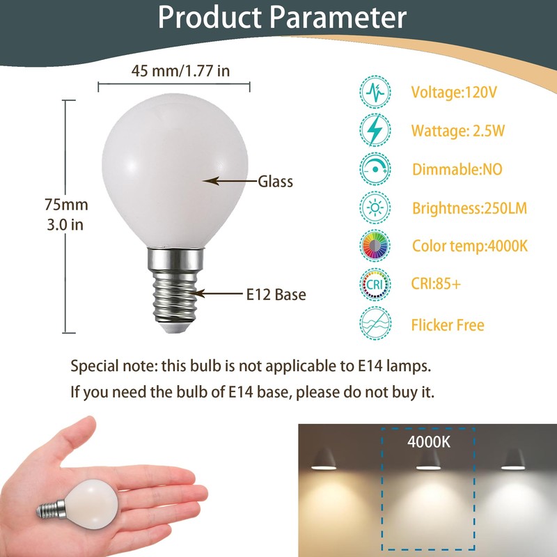 G14 LED Light Bulb 2.5W(25W Equivalent) E12 Base 120V G45