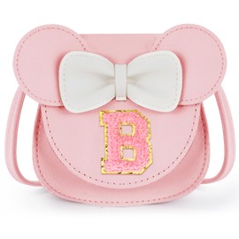 URSKYTOUS Toddler Purse Gifts for Girl Kids Little Initial Mouse Ears Bow Crossbody Bag Pink Cute Pu Shoulder Handbag Portable Small Wallet Birthday Christmas Gift for 2 3 4 5 6 Years Old Girls B