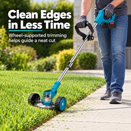 21V Cordless Weed Trimmer & Edger with 2 Batteries – 3 Blade Types, Adjustable 90–128 cm Shaft & Edging Wheels
