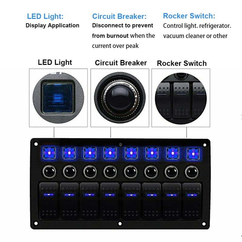 Boat Marine Car Rocker Led Panel Switch with Breakers 8