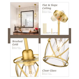 Osimir Brushed Gold Pendant Lights Kitchen Island, 2 Pack Brass Glass Pendant Light Fixture Farmhouse Cage Hanging Lighting with Rod for Kitchen Island Sink Bathroom, CH9176BG-2PKG