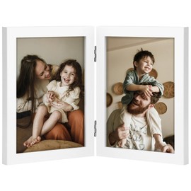 decorUhome Double 5x7 Picture Frame Vertical, Engineered Wood Bifold Photo Frame with Plexiglass for Tabletop Display, 5x7, White
