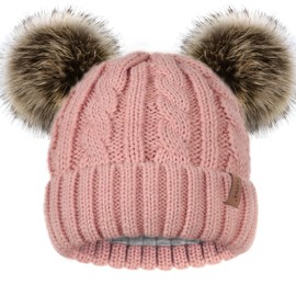 FURTALK Kids Winter Hat Toddler Baby Warm Fleece Lined Double Faux Fur Pom Pom Hat Knit Beanie Hats for Baby Girls Boys Pink