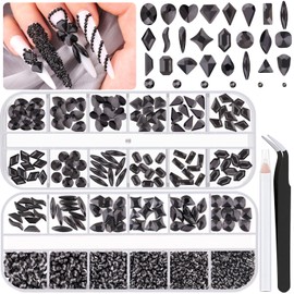 1680Pcs Black Glass Nail Rhinestones 180Pcs Multi Shapes Flatback Nail Gems + 1500Pcs 1.5-4mm Round Crystal, Manicure Nail Charms Diamond Gemstones for Acrylic Nails Decoration