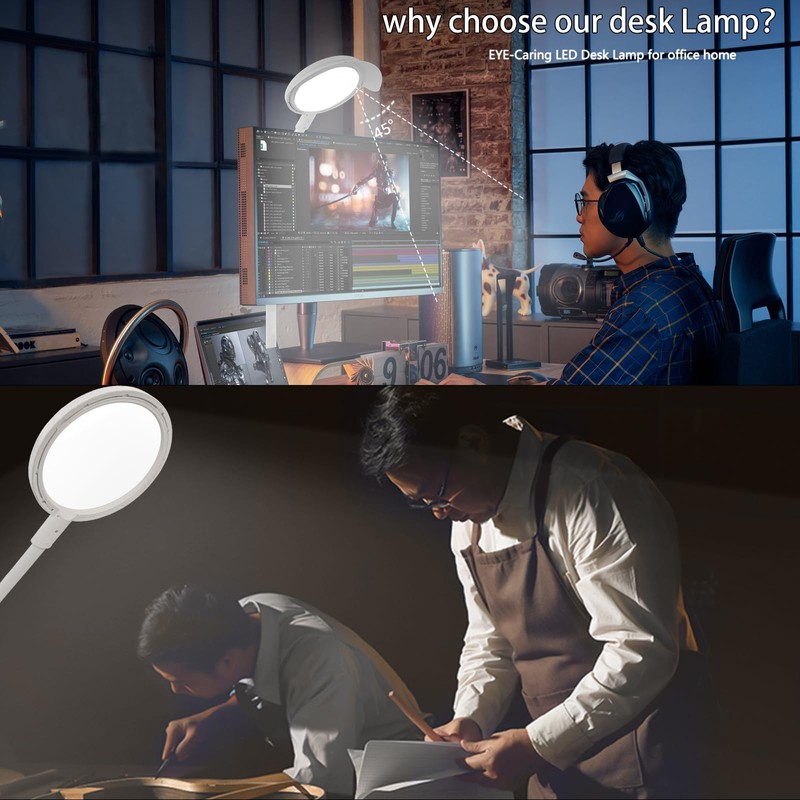 LED Desk Lamp with Clamp, Eye-Caring Desk Light with Sunshade