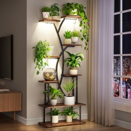 Kalrin Plant Stand Indoor with Grow Lights - 8-Tier Indoor Plant Shelf, 68.11" Tall Lighted Corner Plant Stand, S-shaped Large Flower Holder for Living Room, Balcony & Patio (Dark Brown)