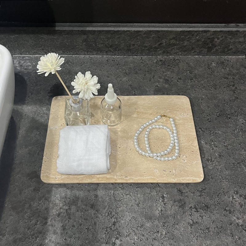 StonePlus Natural Marble Beige Travertine Tray, Pastry Cheese Tray, Dessert