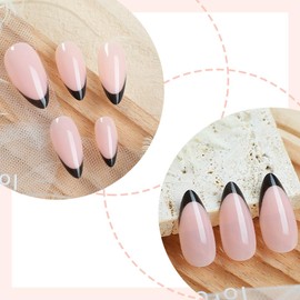 24Pcs Black French Tips Press on Nails Almond Shaped Fake Nails French Glue on Nails Glossy Nude False Nails Full Cover Acrylic Nails Stick on Nails for Women DIY Nail Art Accessories