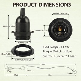 AdiyZ Pendant Light Cord - 15 Feet Hanging Light Bulb with Plug in Cord - 2 Pack Lamp Cord E26 Light Socket with Wire Black Extension Chandelier Lantern Cable with On/Off Switch (No Bulb Included)