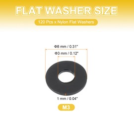 PATIKIL M3 Nylon Flat Washers, 120 Pcs 3mm ID 8mm OD 1mm Thick Plastic Sealing Flat Round Washer Spacer Gaskets Replacement for Plumbing Faucet Hose Fastener Bolt, Black