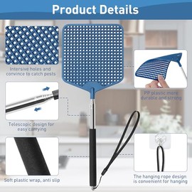 HDAJY Telescopic Fly Swatters 2 Pack, Upgrade Plastic Flyswatter, Fly Swatter Heavy Duty for Indoor, Outdoor, Classroom, Stainless Steel Handle（Black, Blue）