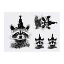 4 x 'Raccoon with Party Hat' Temporary Tattoos - Water Resistant, Skin-Safe, Non-Toxic Transfers, Mixed Sizes (TO00081198)