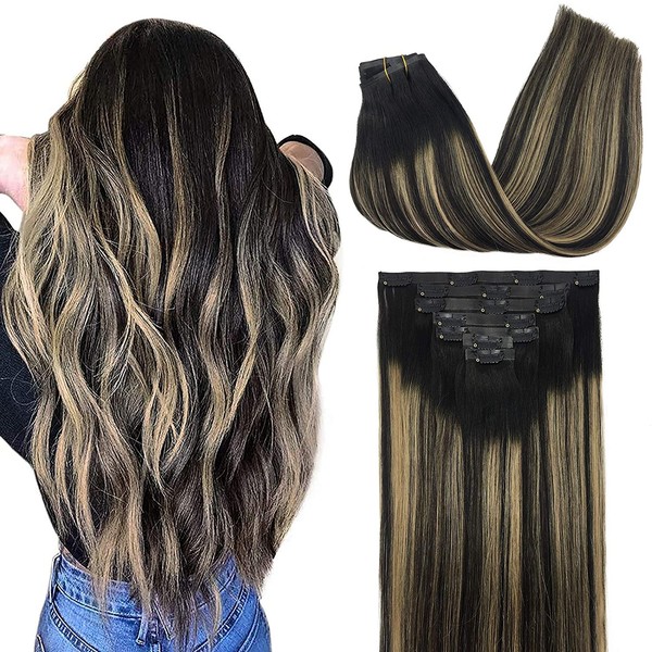 GOO GOO PU Clip in Hair Extensions Human Hair 14 Inch Balayage Natural Black to Light Blonde 130g 7pcs Seamless Hair Extensions Clip in Thick Remy Hair Extensions for Women
