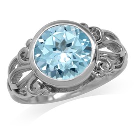 Silvershake 4.46ct. 10mm Genuine Round Shape Blue Topaz White Gold Plated 925 Sterling Silver Filigree Ring Size 7