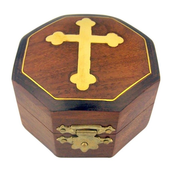 Needzo PLC Brown Wooden Rosary Jewelry Keepsake Treasure Box w Gold Budded Cross
