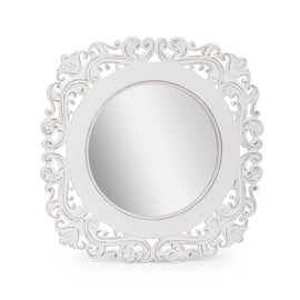 DEVLA Decorative Wall Mirror with Carved Wood Frame, 18x18 Inch, Farmhouse Vintage Style, White Antique