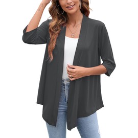 Heymoments Women's Cardigan Lightweight Draped Open Front 3/4 Sleeve Casual Flowy Cardigan Deep Grey Small