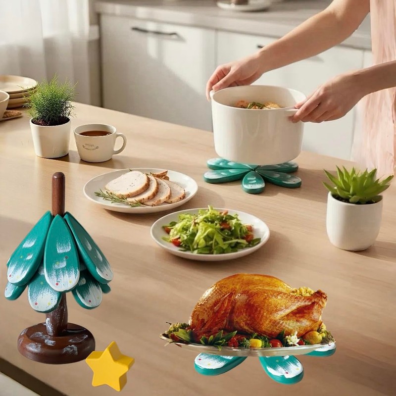 CHAQI Christmas Tree Shaped Coasters and Trivet Set, 3-Piece Folding