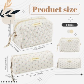 Zeyune 2 Pcs Quilted Makeup Bag Cotton Floral Aesthetic Cosmetic Bag Flower Cute Makeup Brush Case Travel Toiletry Bag Kawaii Makeup Pouch for Women Girls Cosmetics Storage(Delicate Style)
