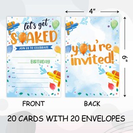 WUAWN Let's Get Soaked 20-Pack Water Gun Birthday Invitations (4x6 Inch) Fill-in Birthday Invitations with Envelopes- Summer Party Cards, Summer Pool Party Supplies-A037