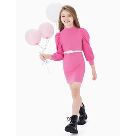 PATPAT Princess Dress Girls - Elegant Long Sleeve Dresses for Girls, Girls Dresses for Autumn and Winter, Adorable Teenager Party Dress with Puff Sleeves, pink-red