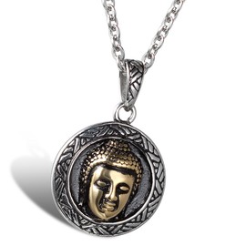 Oidea Mens Stainless Steel Necklace with Pendant – Main Portrait Buddha Head Amulet Pendant with 55 cm Chain Collar in Gold and Silver