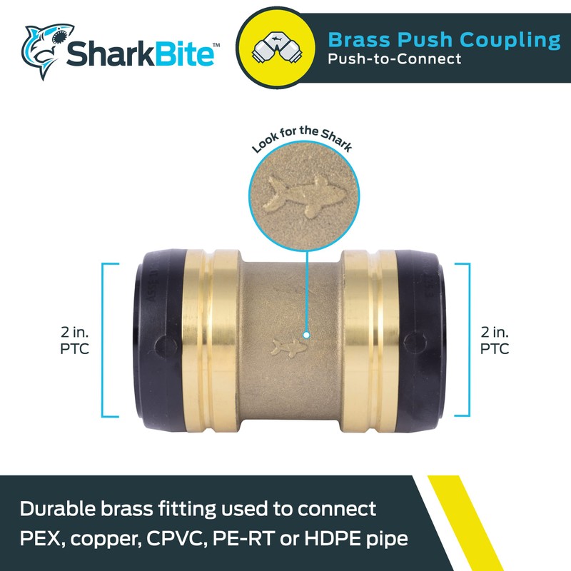 SharkBite 2 Inch Coupling, Push to Connect Brass Plumbing Fitting,